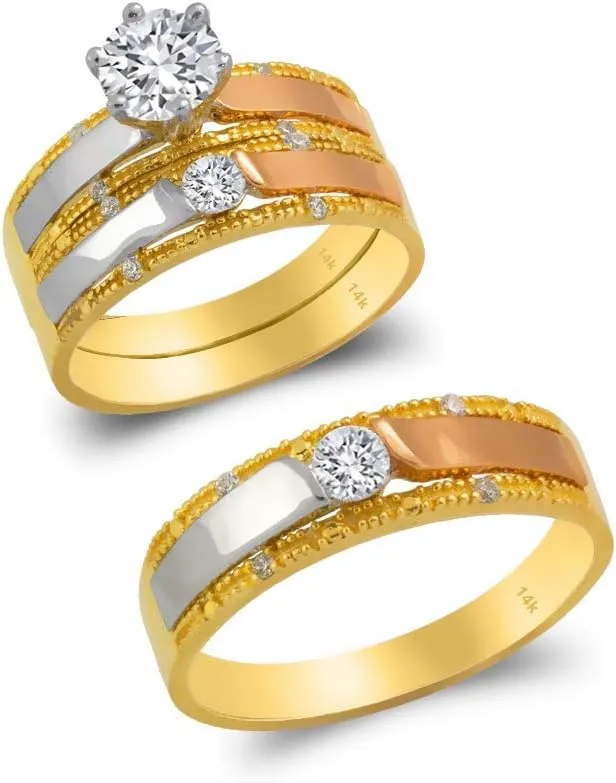 Trio Ring Set 14k Gold - 3 Piece Wedding His Engagement Her Band Rings Sets - Round Cubic Zirconia CZ for Couple Mens and Women - Anillos de Matrimonio