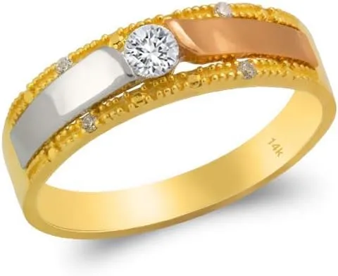 Trio Ring Set 14k Gold - 3 Piece Wedding His Engagement Her Band Rings Sets - Round Cubic Zirconia CZ for Couple Mens and Women - Anillos de Matrimonio