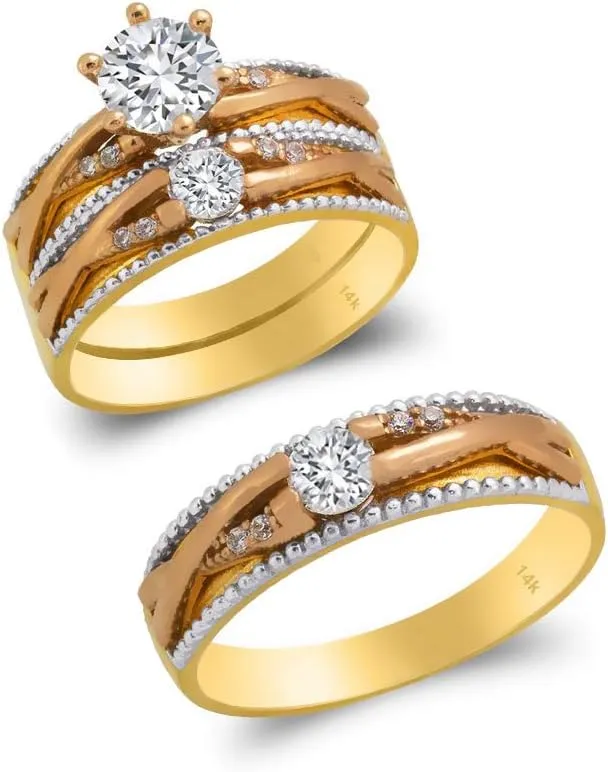 Trio Ring Set 14k Gold Tri Color - 3 Piece Wedding His Engagement Her Band Rings Sets - Round Cubic Zirconia CZ for Couple Mens and Women - Anillos de Matrimonio