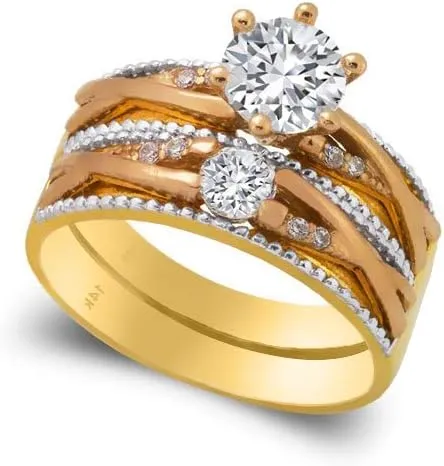 Trio Ring Set 14k Gold Tri Color - 3 Piece Wedding His Engagement Her Band Rings Sets - Round Cubic Zirconia CZ for Couple Mens and Women - Anillos de Matrimonio
