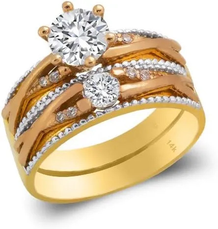 Trio Ring Set 14k Gold Tri Color - 3 Piece Wedding His Engagement Her Band Rings Sets - Round Cubic Zirconia CZ for Couple Mens and Women - Anillos de Matrimonio