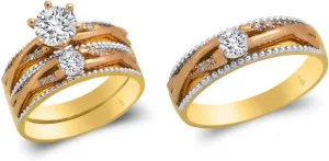 Trio Ring Set 14k Gold Tri Color - 3 Piece Wedding His Engagement Her Band Rings Sets - Round Cubic Zirconia CZ for Couple Mens and Women - Anillos de Matrimonio