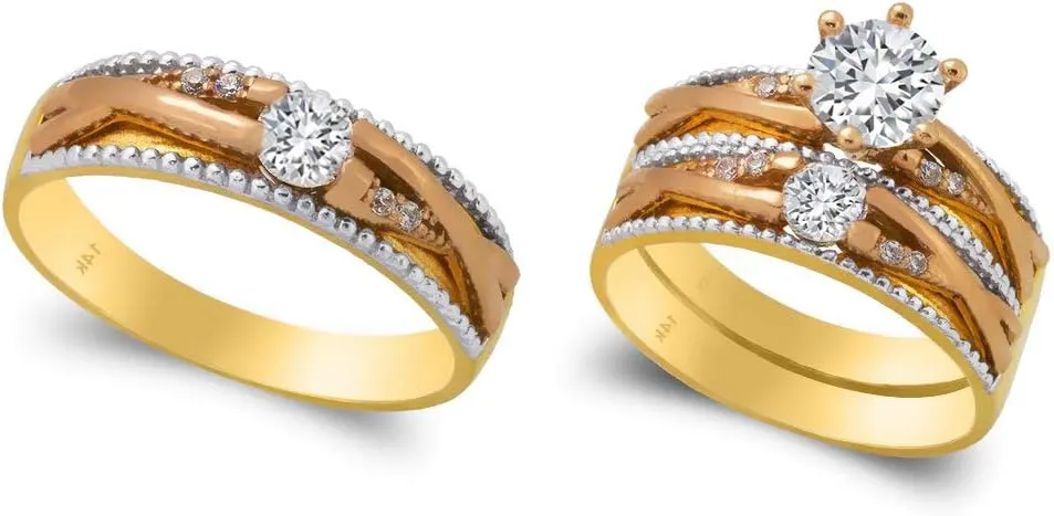 Trio Ring Set 14k Gold Tri Color - 3 Piece Wedding His Engagement Her Band Rings Sets - Round Cubic Zirconia CZ for Couple Mens and Women - Anillos de Matrimonio