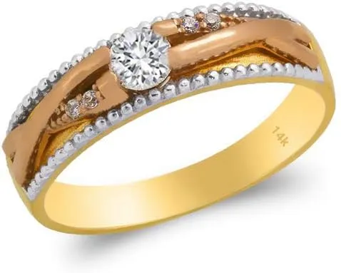 Trio Ring Set 14k Gold Tri Color - 3 Piece Wedding His Engagement Her Band Rings Sets - Round Cubic Zirconia CZ for Couple Mens and Women - Anillos de Matrimonio