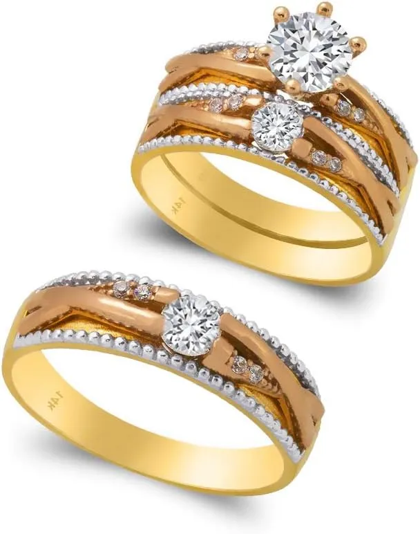 Trio Ring Set 14k Gold Tri Color - 3 Piece Wedding His Engagement Her Band Rings Sets - Round Cubic Zirconia CZ for Couple Mens and Women - Anillos de Matrimonio