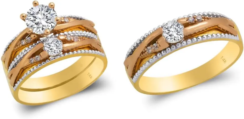 Trio Ring Set 14k Gold Tri Color - 3 Piece Wedding His Engagement Her Band Rings Sets - Round Cubic Zirconia CZ for Couple Mens and Women - Anillos de Matrimonio