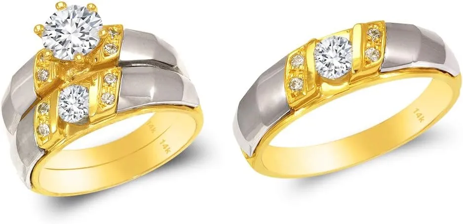 Trio Ring Set 14k Gold Two Tone - 3 Piece Wedding His Engagement Her Band Rings Sets - Round Cubic Zirconia CZ for Couple Mens and Women - Anillos de Matrimonio