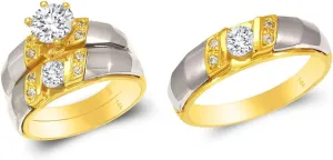 Trio Ring Set 14k Gold Two Tone - 3 Piece Wedding His Engagement Her Band Rings Sets - Round Cubic Zirconia CZ for Couple Mens and Women - Anillos de Matrimonio