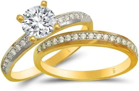 Trio Ring Set 14k Gold Two Tone - 3-Piece Wedding His Engagement Her Band Rings Sets - Round Cubic Zirconia CZ for Couple Mens and Women - Anillos de Matrimonio