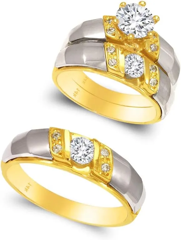 Trio Ring Set 14k Gold Two Tone - 3 Piece Wedding His Engagement Her Band Rings Sets - Round Cubic Zirconia CZ for Couple Mens and Women - Anillos de Matrimonio
