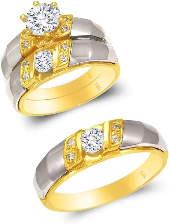 Trio Ring Set 14k Gold Two Tone - 3 Piece Wedding His Engagement Her Band Rings Sets - Round Cubic Zirconia CZ for Couple Mens and Women - Anillos de Matrimonio