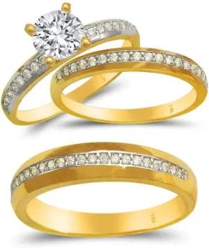 Trio Ring Set 14k Gold Two Tone - 3-Piece Wedding His Engagement Her Band Rings Sets - Round Cubic Zirconia CZ for Couple Mens and Women - Anillos de Matrimonio