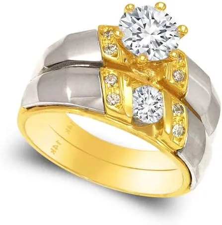Trio Ring Set 14k Gold Two Tone - 3 Piece Wedding His Engagement Her Band Rings Sets - Round Cubic Zirconia CZ for Couple Mens and Women - Anillos de Matrimonio