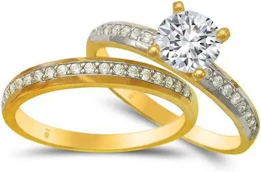 Trio Ring Set 14k Gold Two Tone - 3-Piece Wedding His Engagement Her Band Rings Sets - Round Cubic Zirconia CZ for Couple Mens and Women - Anillos de Matrimonio