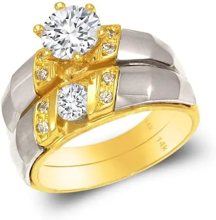 Trio Ring Set 14k Gold Two Tone - 3 Piece Wedding His Engagement Her Band Rings Sets - Round Cubic Zirconia CZ for Couple Mens and Women - Anillos de Matrimonio