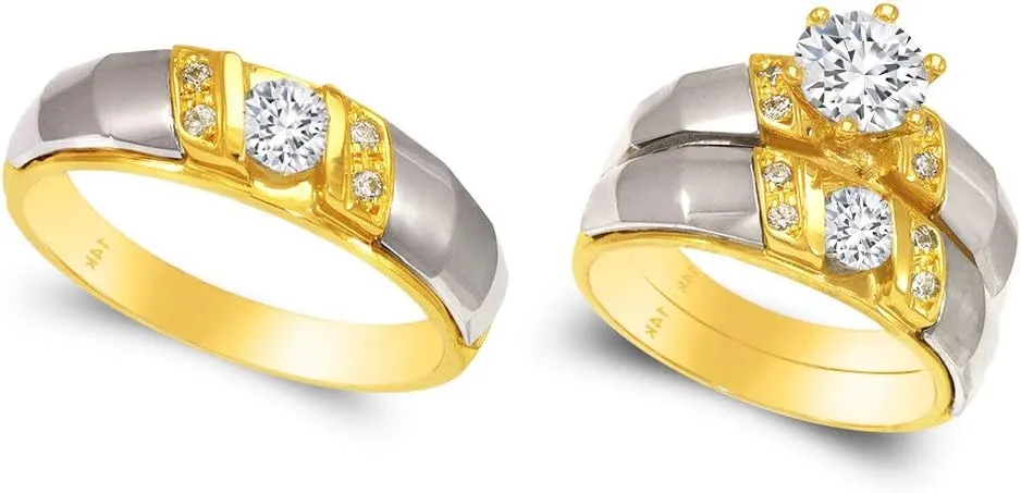 Trio Ring Set 14k Gold Two Tone - 3 Piece Wedding His Engagement Her Band Rings Sets - Round Cubic Zirconia CZ for Couple Mens and Women - Anillos de Matrimonio