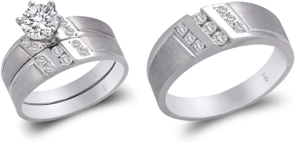 Trio Ring Set 14k White Gold - 3 Piece Wedding His Engagement Her Band Rings Sets - Round Cubic Zirconia CZ for Couple Mens and Women - Anillos de Matrimonio