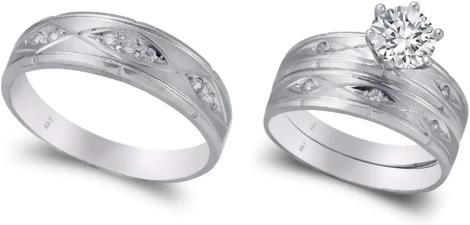 Trio Ring Set 14K White Gold - 3 Piece Wedding His Engagement Her Band Rings Sets - Round Cubic Zirconia CZ for Couple Mens and Women - Anillos de Matrimonio