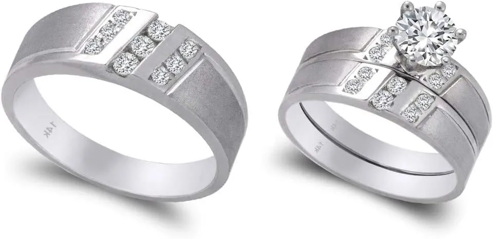 Trio Ring Set 14k White Gold - 3 Piece Wedding His Engagement Her Band Rings Sets - Round Cubic Zirconia CZ for Couple Mens and Women - Anillos de Matrimonio