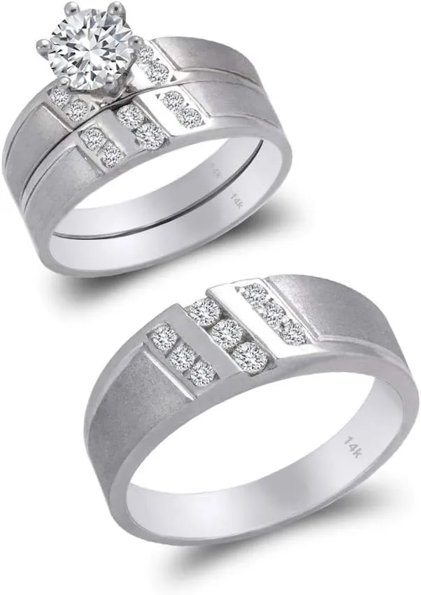 Trio Ring Set 14k White Gold - 3 Piece Wedding His Engagement Her Band Rings Sets - Round Cubic Zirconia CZ for Couple Mens and Women - Anillos de Matrimonio