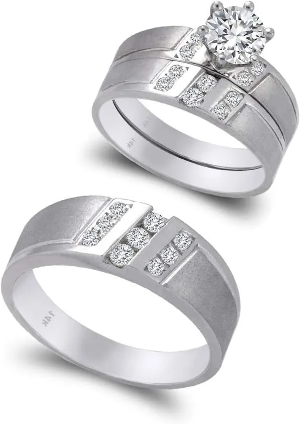 Trio Ring Set 14k White Gold - 3 Piece Wedding His Engagement Her Band Rings Sets - Round Cubic Zirconia CZ for Couple Mens and Women - Anillos de Matrimonio