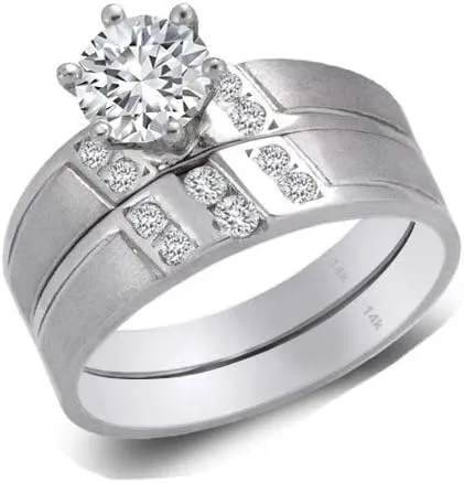 Trio Ring Set 14k White Gold - 3 Piece Wedding His Engagement Her Band Rings Sets - Round Cubic Zirconia CZ for Couple Mens and Women - Anillos de Matrimonio