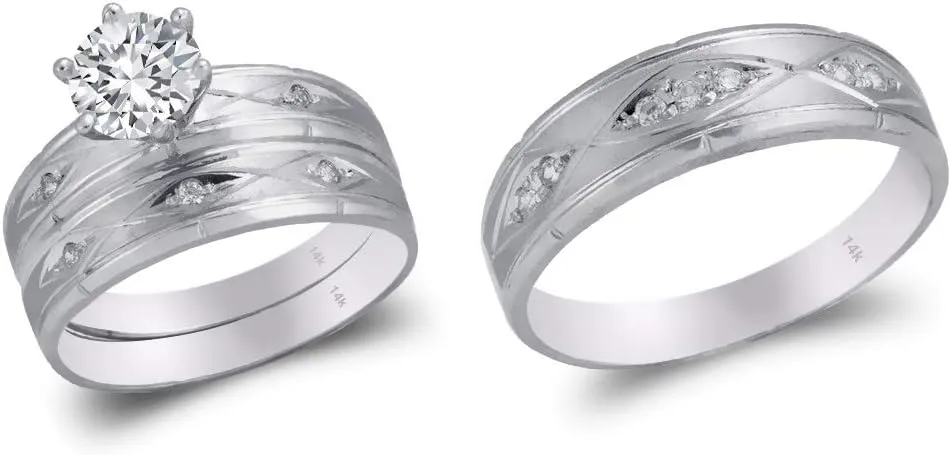 Trio Ring Set 14K White Gold - 3 Piece Wedding His Engagement Her Band Rings Sets - Round Cubic Zirconia CZ for Couple Mens and Women - Anillos de Matrimonio