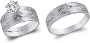 Trio Ring Set 14K White Gold - 3 Piece Wedding His Engagement Her Band Rings Sets - Round Cubic Zirconia CZ for Couple Mens and Women - Anillos de Matrimonio