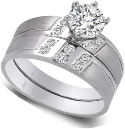 Trio Ring Set 14k White Gold - 3 Piece Wedding His Engagement Her Band Rings Sets - Round Cubic Zirconia CZ for Couple Mens and Women - Anillos de Matrimonio