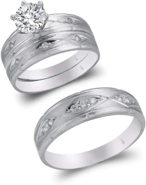 Trio Ring Set 14K White Gold - 3 Piece Wedding His Engagement Her Band Rings Sets - Round Cubic Zirconia CZ for Couple Mens and Women - Anillos de Matrimonio