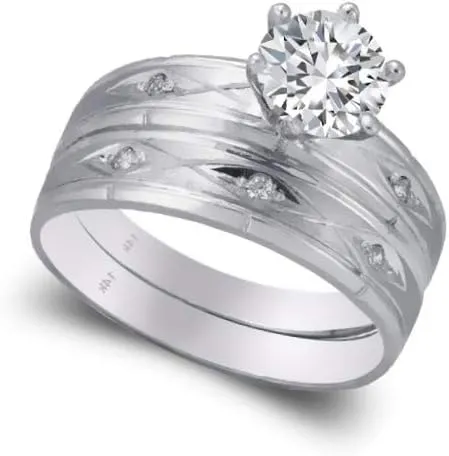 Trio Ring Set 14K White Gold - 3 Piece Wedding His Engagement Her Band Rings Sets - Round Cubic Zirconia CZ for Couple Mens and Women - Anillos de Matrimonio