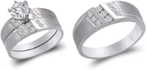 Trio Ring Set 14k White Gold - 3 Piece Wedding His Engagement Her Band Rings Sets - Round Cubic Zirconia CZ for Couple Mens and Women - Anillos de Matrimonio