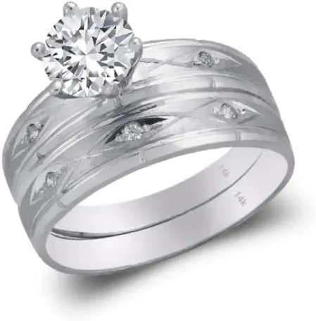 Trio Ring Set 14K White Gold - 3 Piece Wedding His Engagement Her Band Rings Sets - Round Cubic Zirconia CZ for Couple Mens and Women - Anillos de Matrimonio