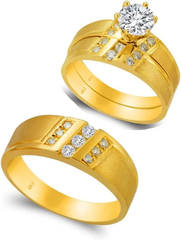 Trio Ring Set 14k Yellow Gold - 3 Piece Wedding His Engagement Her Band Rings Sets - Round Cubic Zirconia CZ for Couple Mens and Women - Anillos de Matrimonio