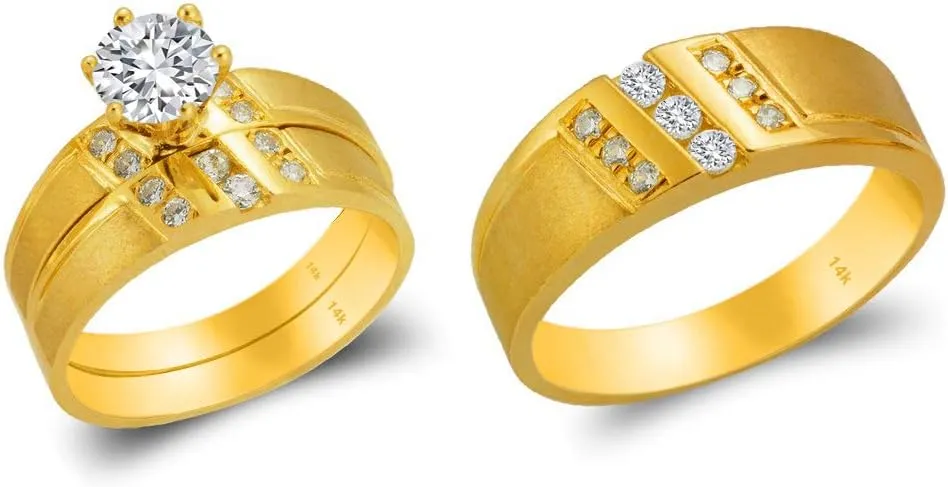 Trio Ring Set 14k Yellow Gold - 3 Piece Wedding His Engagement Her Band Rings Sets - Round Cubic Zirconia CZ for Couple Mens and Women - Anillos de Matrimonio