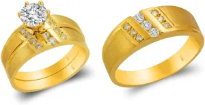 Trio Ring Set 14k Yellow Gold - 3 Piece Wedding His Engagement Her Band Rings Sets - Round Cubic Zirconia CZ for Couple Mens and Women - Anillos de Matrimonio