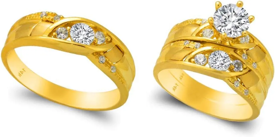 Trio Ring Set 14k Yellow Gold - 3 Piece Wedding His Engagement Her Band Rings Sets - Round Cubic Zirconia CZ for Couple Mens and Women - Anillos de Matrimonio