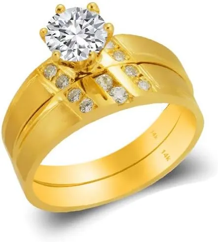 Trio Ring Set 14k Yellow Gold - 3 Piece Wedding His Engagement Her Band Rings Sets - Round Cubic Zirconia CZ for Couple Mens and Women - Anillos de Matrimonio