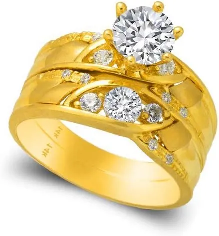 Trio Ring Set 14k Yellow Gold - 3 Piece Wedding His Engagement Her Band Rings Sets - Round Cubic Zirconia CZ for Couple Mens and Women - Anillos de Matrimonio