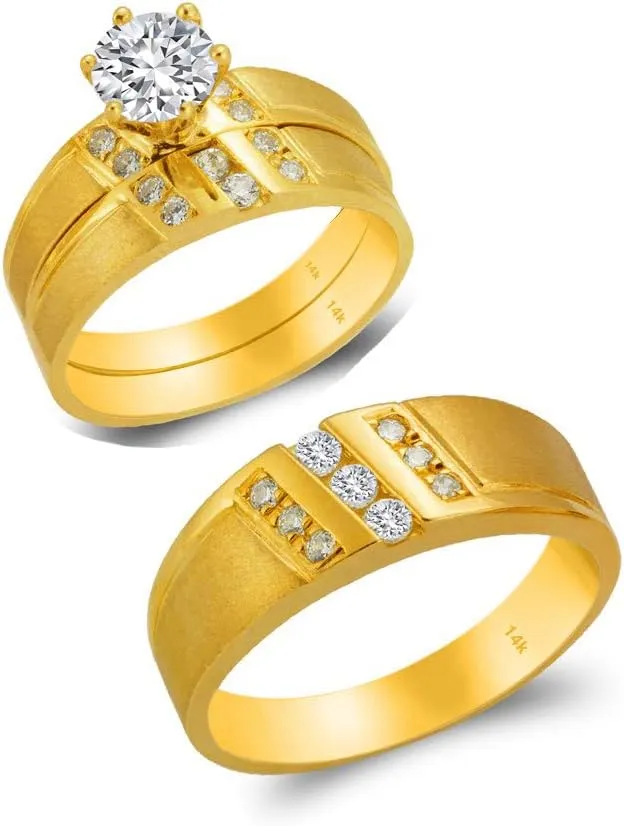 Trio Ring Set 14k Yellow Gold - 3 Piece Wedding His Engagement Her Band Rings Sets - Round Cubic Zirconia CZ for Couple Mens and Women - Anillos de Matrimonio