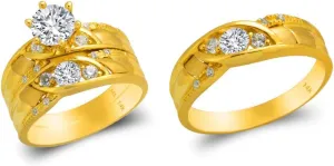 Trio Ring Set 14k Yellow Gold - 3 Piece Wedding His Engagement Her Band Rings Sets - Round Cubic Zirconia CZ for Couple Mens and Women - Anillos de Matrimonio