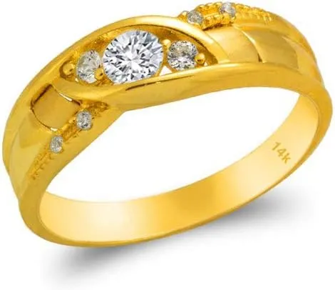 Trio Ring Set 14k Yellow Gold - 3 Piece Wedding His Engagement Her Band Rings Sets - Round Cubic Zirconia CZ for Couple Mens and Women - Anillos de Matrimonio