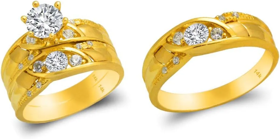 Trio Ring Set 14k Yellow Gold - 3 Piece Wedding His Engagement Her Band Rings Sets - Round Cubic Zirconia CZ for Couple Mens and Women - Anillos de Matrimonio