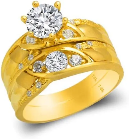 Trio Ring Set 14k Yellow Gold - 3 Piece Wedding His Engagement Her Band Rings Sets - Round Cubic Zirconia CZ for Couple Mens and Women - Anillos de Matrimonio