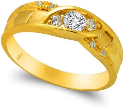 Trio Ring Set 14k Yellow Gold - 3 Piece Wedding His Engagement Her Band Rings Sets - Round Cubic Zirconia CZ for Couple Mens and Women - Anillos de Matrimonio