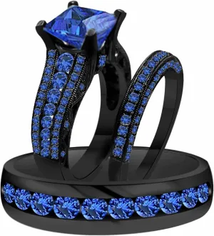 Triostar 14K Black Gold Plated 925 Sterling Sliver 3 Piece Wedding His Engagement & Her Band Rings Sets Blue Sapphire for Couple Mens and Women Trio Ring Set Women's Size 13 & Men's Size 7