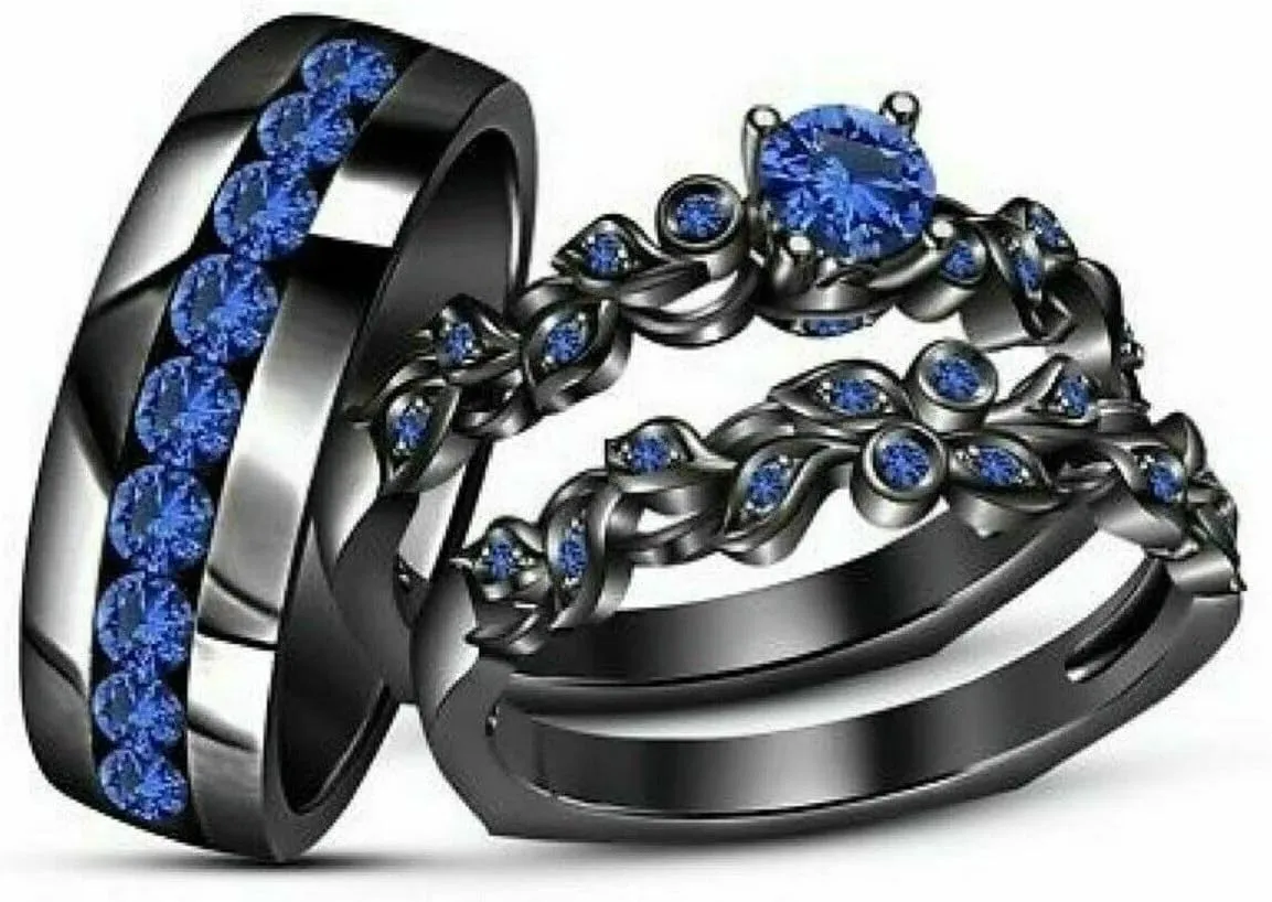 Triostar Wedding Ring Set Valentine's Promise Ring Set His Hers Couples Matching Rings Women's 14K Black Gold Plated Women's Size 11 & Men's Size 13