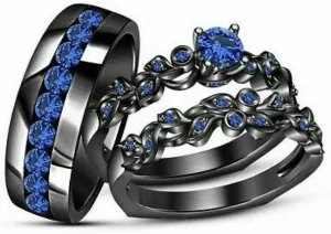 Triostar Wedding Ring Set Valentine's Promise Ring Set His Hers Couples Matching Rings Women's 14K Black Gold Plated Women's Size 12 & Men's Size 9