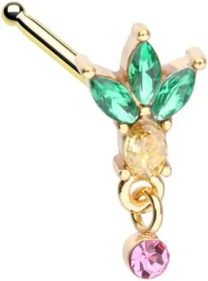 Tropical Pineapple Dangle Gem Nose Stud Ring Steel