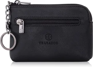 Trusador Milano Unisex Leather Front Pocket Wallet Coin Purse Zipper Pouch with Keychain (Black)